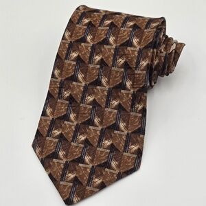 Canali Tie 100% Silk Brown Geometric Blue Accents 59" Italy‎ Luxury Necktie Made